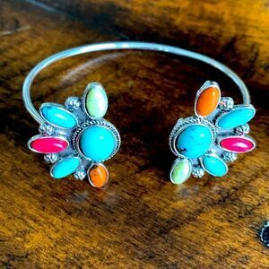 Desert Cluster Cuff Bracelet – Faux Turquoise, Coral & Spiny Oyster Style Stones